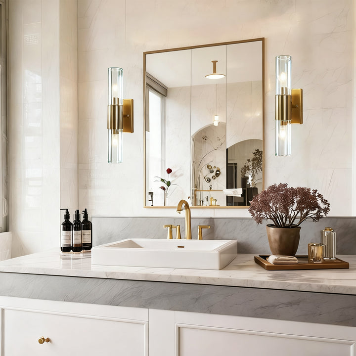 Rustic Geometric Design Double Tube Wall Sconce - Damp Rated Hand-Cut Glass Fixture for Bathroom, Bedroom Wall Sconces, and Wall Lamps