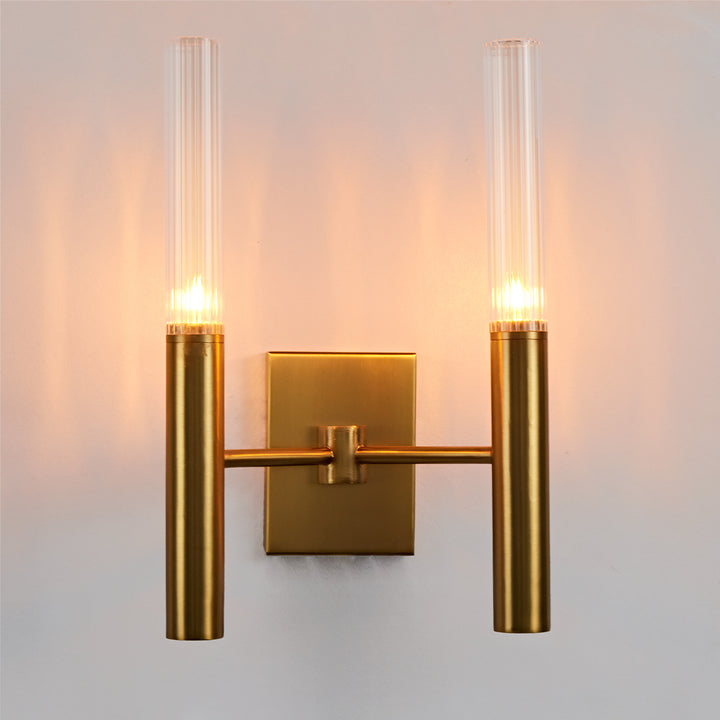 Mid-Century Modern Wall Sconce with Vintage Brass Finish and Ribbed Glass Shades - Ideal for Bathroom and Modern Living Room Fixtures