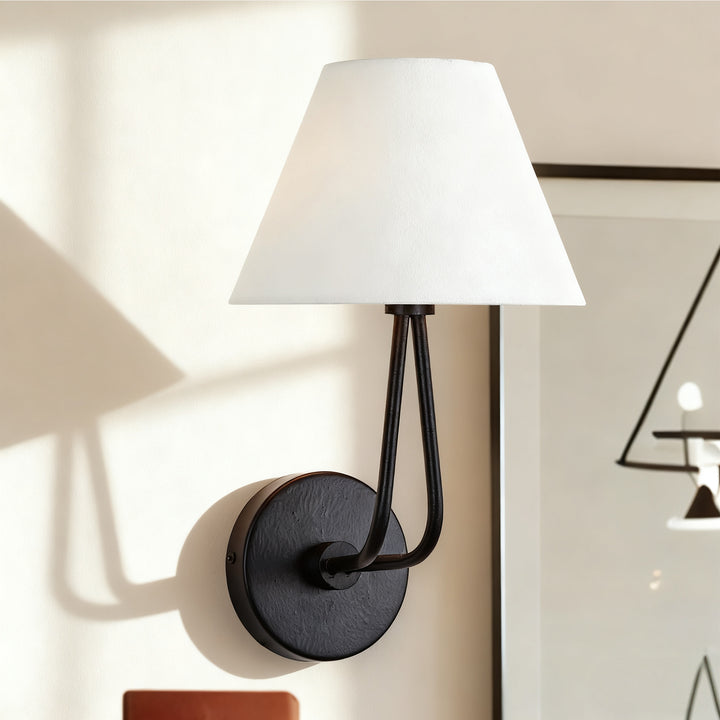 Classic Wall Lighting with Cream Linen Shade, Mid-century Modern Wall Mounted Lamp with Antique Hand-painted Metal Finish, Hardwired Light Fixture for Bedroom, Living Room, Corridor, Entryway