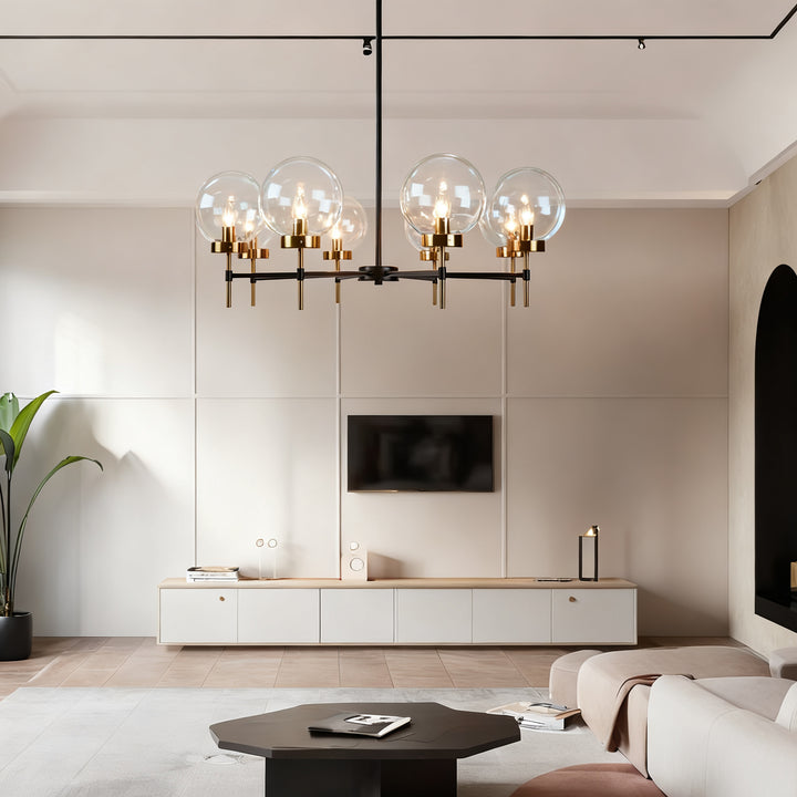 Mid-Century Modern Blown Glass Globe Chandelier - Adjustable Height with Two-Toned Metals for Dining Room, Living Room, and Sitting Room Lighting