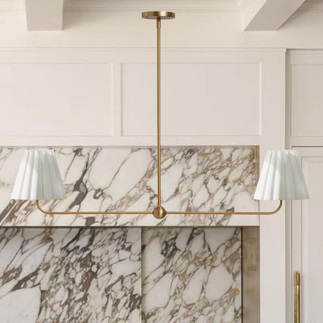 Kitchen Island Lighting with Pleated Linen Shade, 2 Lights Linear Chandelier with Adjustable Height (18-46"), Modern Ceiling Hanging Pendant Light for Dining Room, Living Room, Bedroom