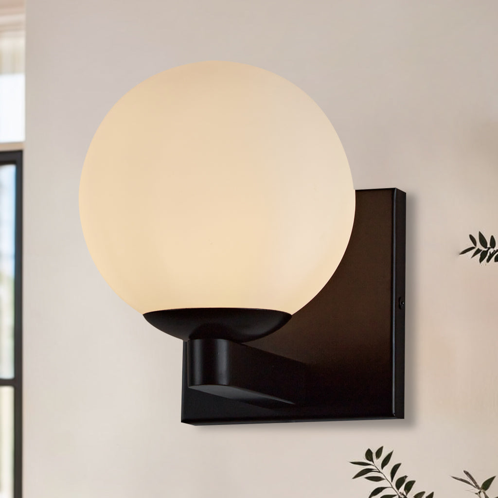 Globe Shade Matte Finish with Brass Accents Single Light Sconce - Blown Glass and Steel Frame for Outdoor, Living Room
