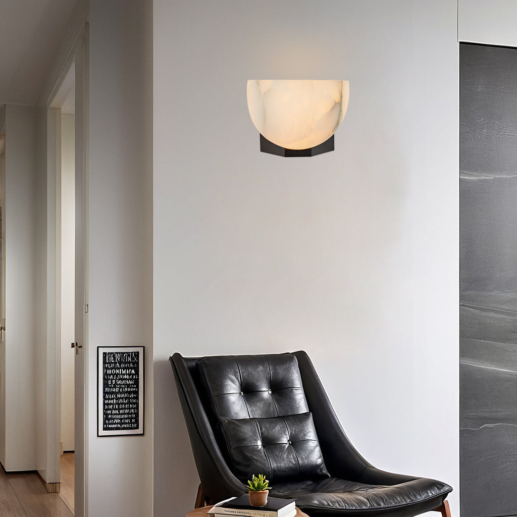 Engraved Elegance Alabaster Sconce: Handcarved Alabaster Wall Light with Globe-like Contours and Burnished Brass for Living Room, Kitchen, or Bedroom Wall Lighting