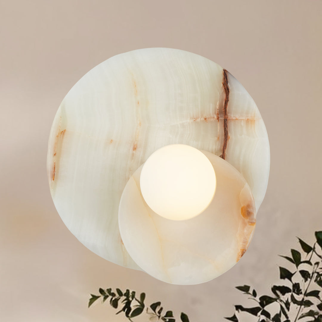 Opaline Cream Sculpture Wall Sconce: Natural Cream Onyx with Opaque White Glass Globe Bulb, Sculptural Design for Living Room, Bathroom, or Bedroom Wall Lighting