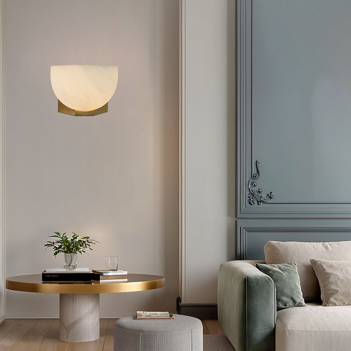 Engraved Elegance Alabaster Sconce: Handcarved Alabaster Wall Light with Globe-like Contours and Burnished Brass for Living Room, Kitchen, or Bedroom Wall Lighting