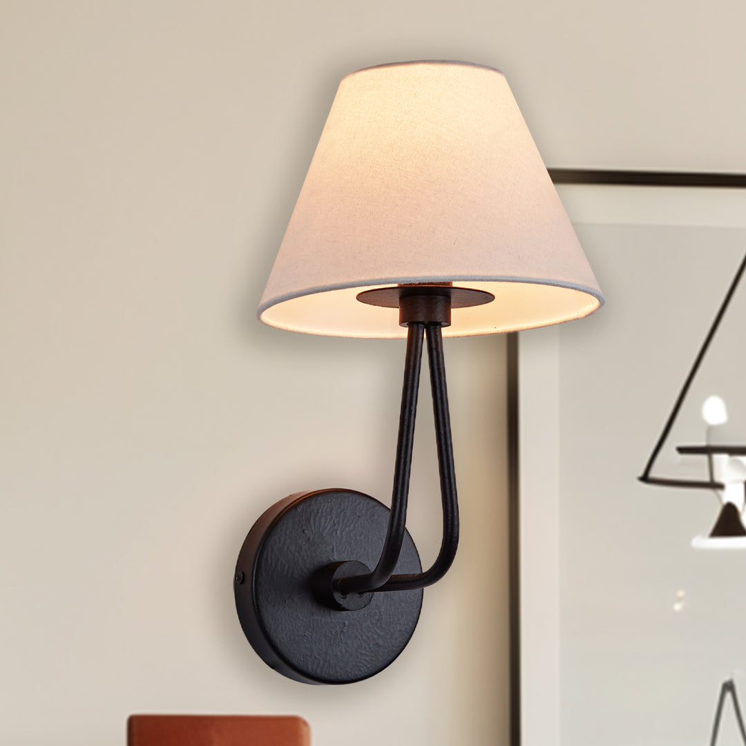Classic Wall Lighting with Cream Linen Shade, Mid-century Modern Wall Mounted Lamp with Antique Hand-painted Metal Finish, Hardwired Light Fixture for Bedroom, Living Room, Corridor, Entryway