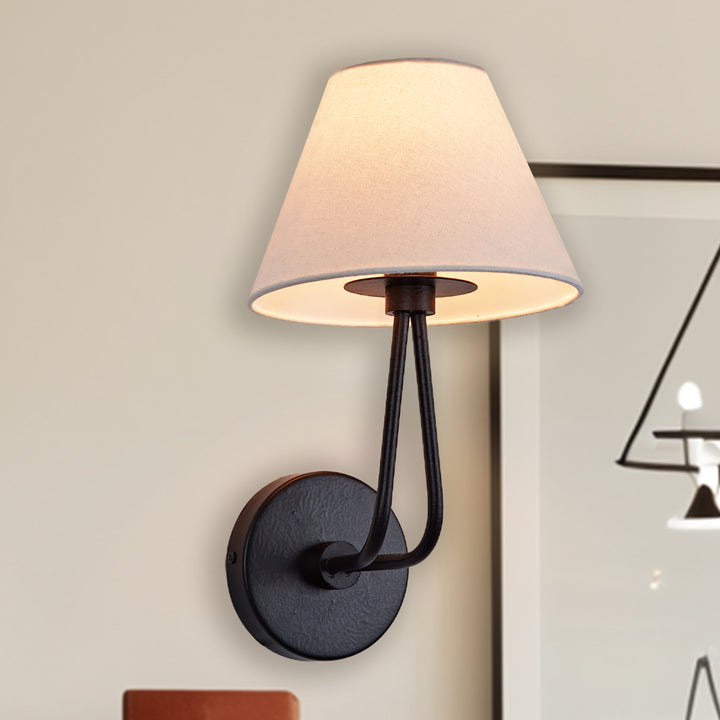 Classic Wall Lighting with Cream Linen Shade, Mid-century Modern Wall Mounted Lamp with Antique Hand-painted Metal Finish, Hardwired Light Fixture for Bedroom, Living Room, Corridor, Entryway