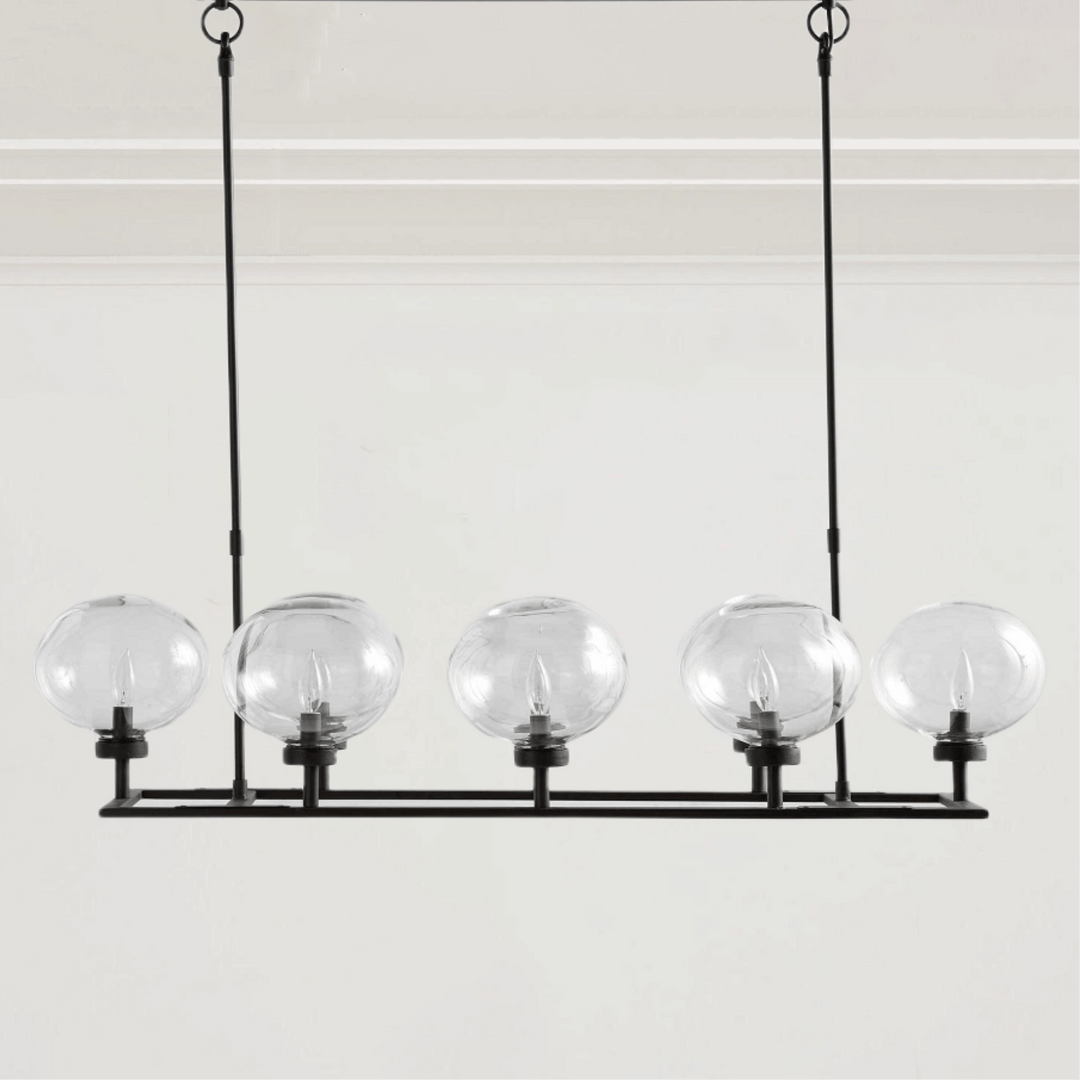 Steel Frame Frosted Globe Chandelier - Blown Glass with Steel and Brass Frame - Adjustable Height and Linear Base - Stylish Light Fixtures for Dining Room and Dining Area Chandelier