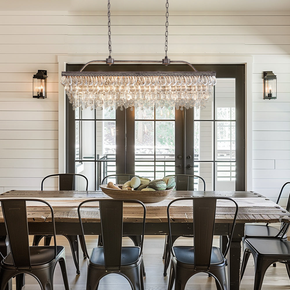 Crystal Raindrop Elegance Rectangular Chandelier - Faceted-Glass Crystals and Rain Drop Display for Dining Room and Living Room Lighting