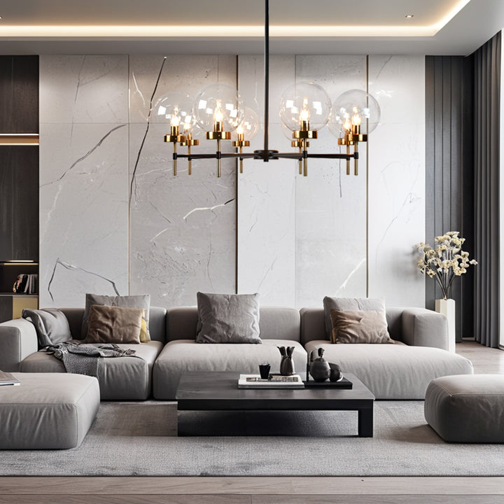 Mid-Century Modern Blown Glass Globe Chandelier - Adjustable Height with Two-Toned Metals for Dining Room, Living Room, and Sitting Room Lighting