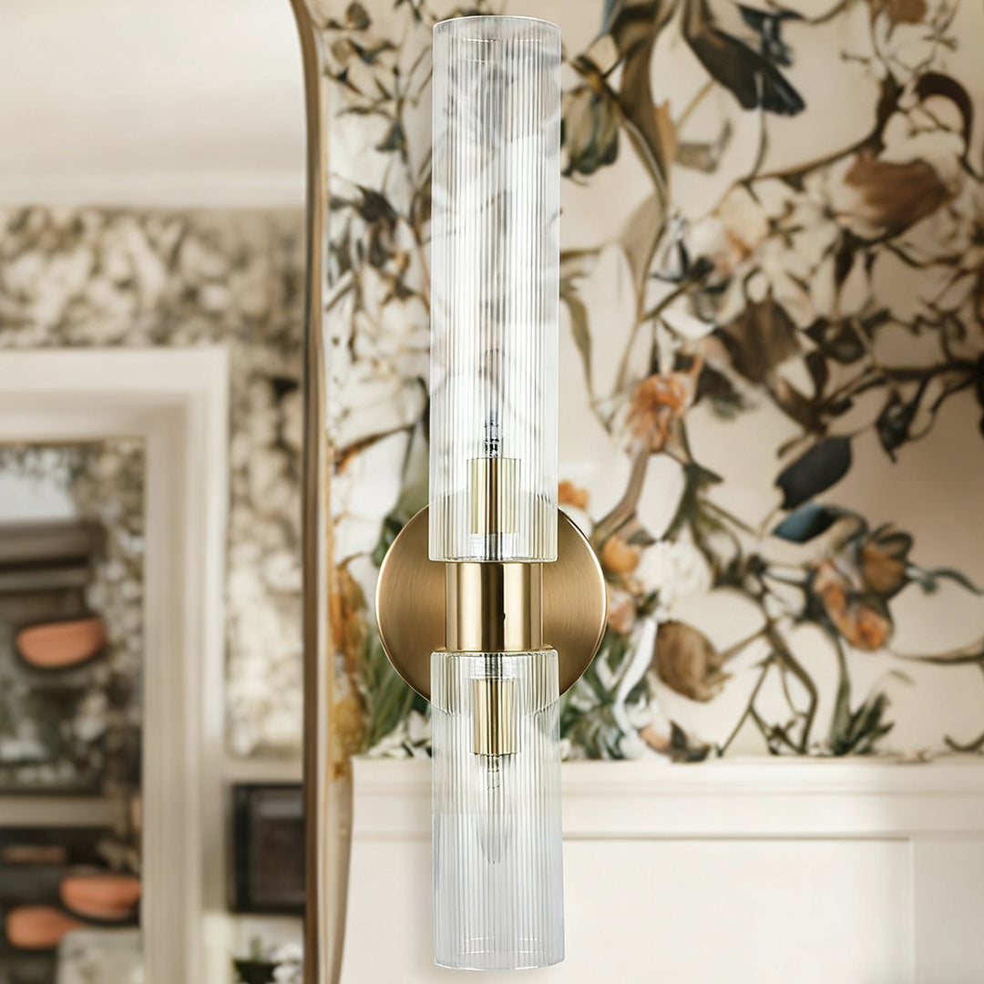 Modern 2-Light Wall Sconce with Clear Fluted Glass, Asymmetrical Double Tube Sconce Wet-rated Bathroom Light Fixture Over Mirror, Hardwired Wall Mount Lamp for Bedroom, Hallway, Living Room