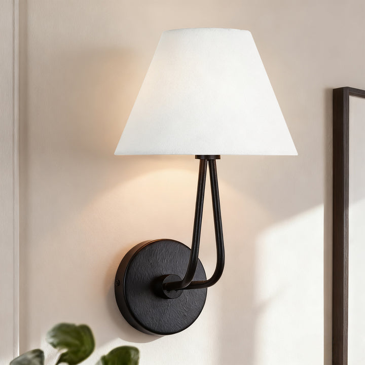 Classic Wall Lighting with Cream Linen Shade, Mid-century Modern Wall Mounted Lamp with Antique Hand-painted Metal Finish, Hardwired Light Fixture for Bedroom, Living Room, Corridor, Entryway