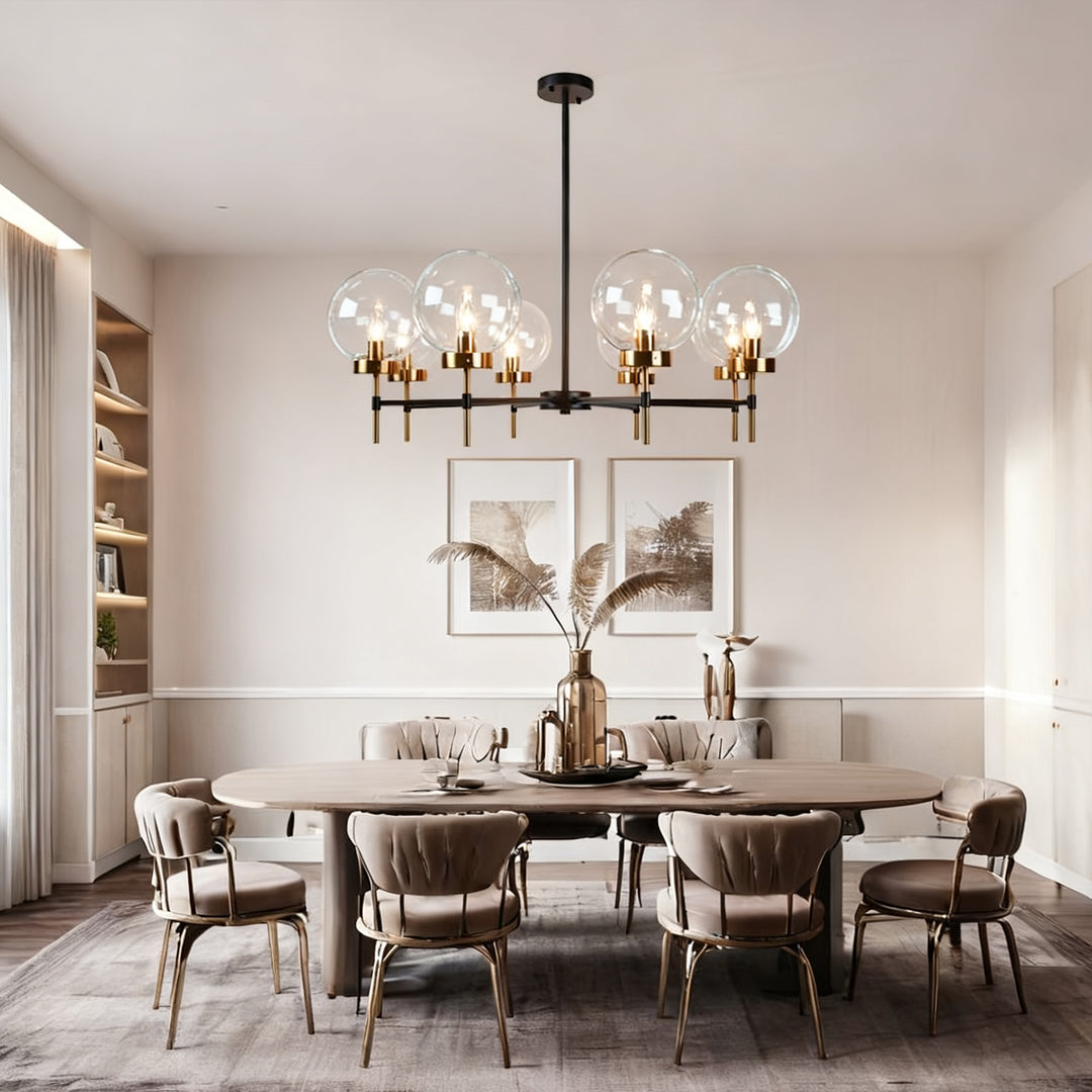 Mid-Century Modern Blown Glass Globe Chandelier - Adjustable Height with Two-Toned Metals for Dining Room, Living Room, and Sitting Room Lighting