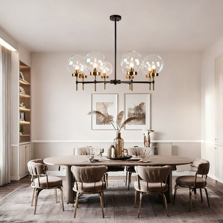 Mid-Century Modern Blown Glass Globe Chandelier - Adjustable Height with Two-Toned Metals for Dining Room, Living Room, and Sitting Room Lighting