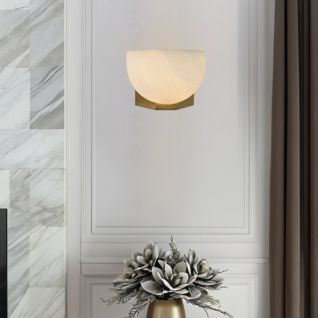 Engraved Elegance Alabaster Sconce: Handcarved Alabaster Wall Light with Globe-like Contours and Burnished Brass for Living Room, Kitchen, or Bedroom Wall Lighting