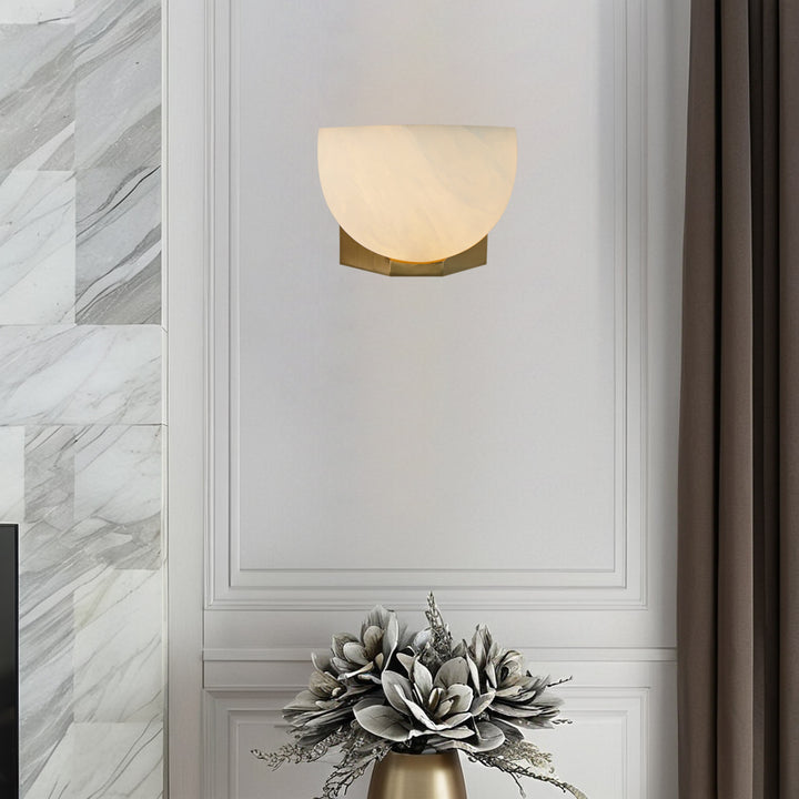 Engraved Elegance Alabaster Sconce: Handcarved Alabaster Wall Light with Globe-like Contours and Burnished Brass for Living Room, Kitchen, or Bedroom Wall Lighting