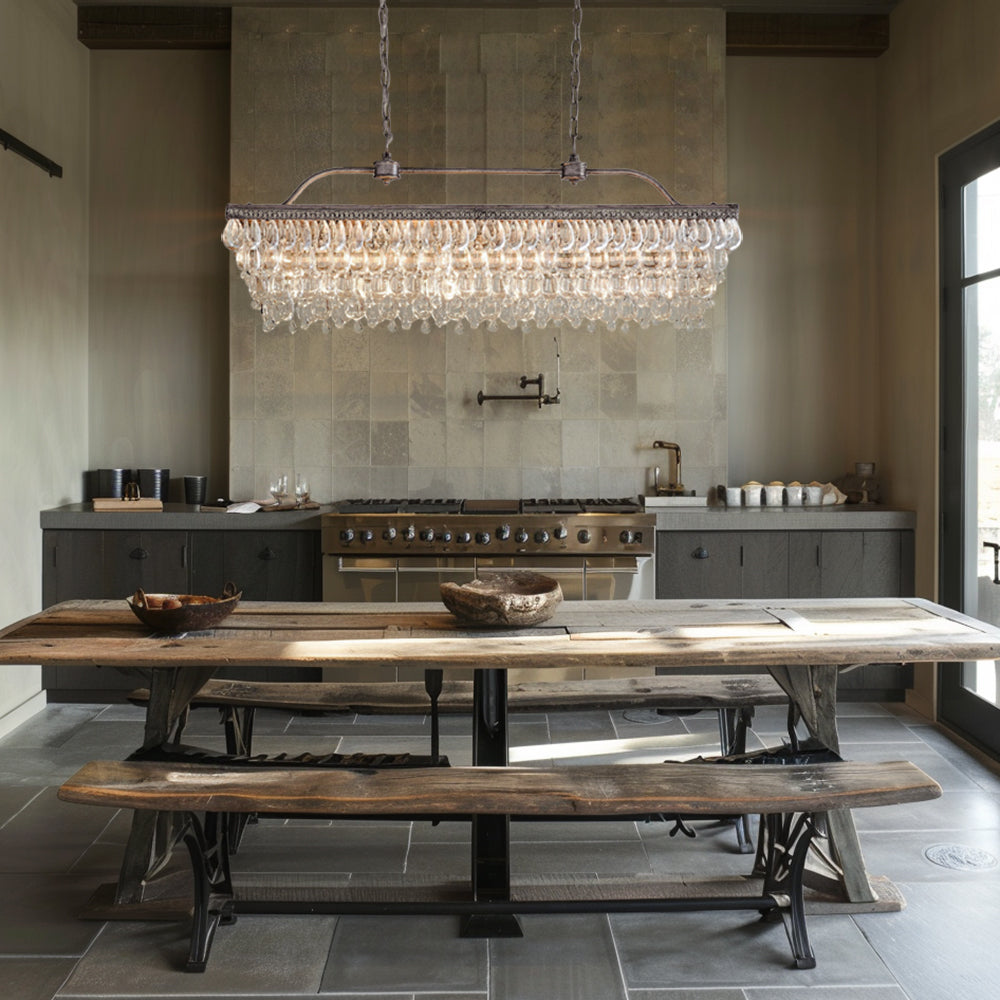 Crystal Raindrop Elegance Rectangular Chandelier - Faceted-Glass Crystals and Rain Drop Display for Dining Room and Living Room Lighting