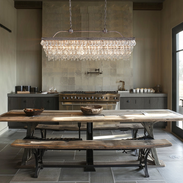 Crystal Raindrop Elegance Rectangular Chandelier - Faceted-Glass Crystals and Rain Drop Display for Dining Room and Living Room Lighting