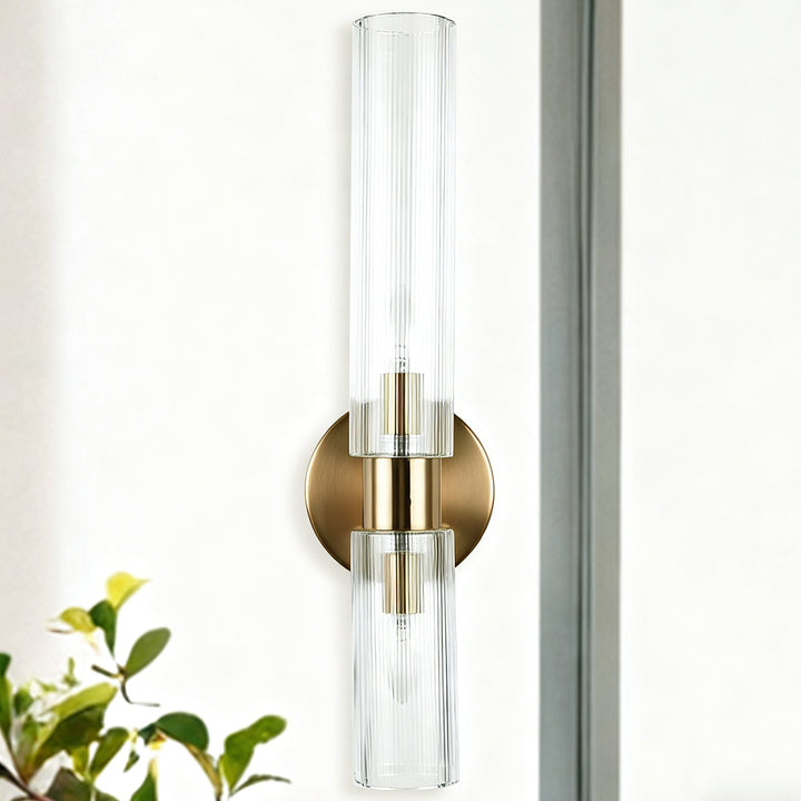 Modern 2-Light Wall Sconce with Clear Fluted Glass, Asymmetrical Double Tube Sconce Wet-rated Bathroom Light Fixture Over Mirror, Hardwired Wall Mount Lamp for Bedroom, Hallway, Living Room