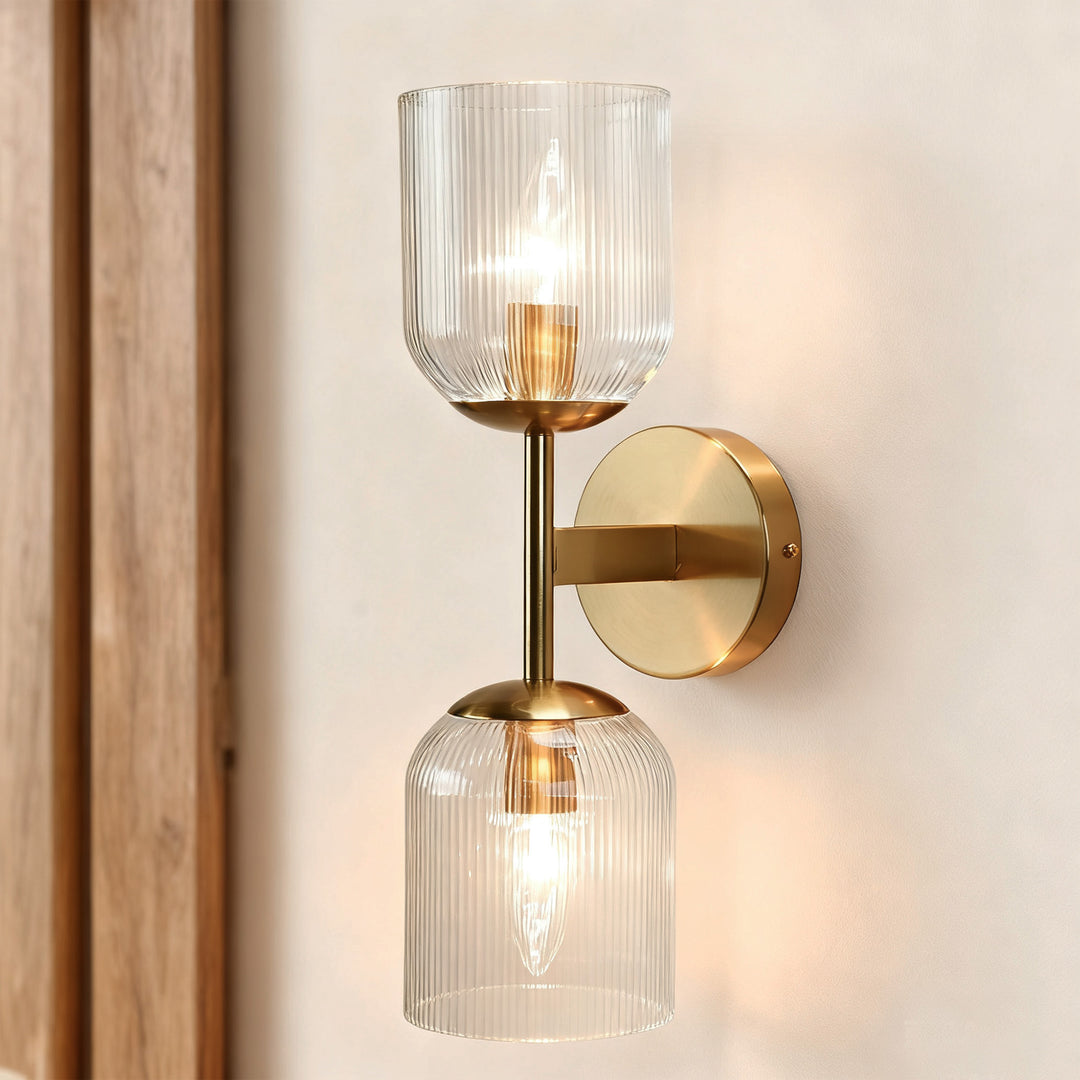 Antique Bronze Double Sconce with Ribbed Glass Shades and Bell-Shaped Design for Durable Indoor Lighting