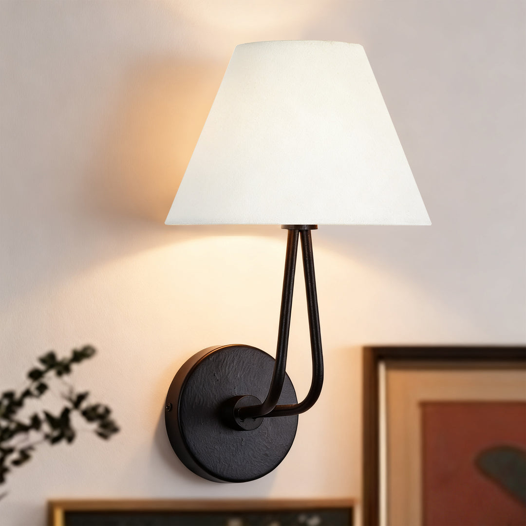 Classic Wall Lighting with Cream Linen Shade, Mid-century Modern Wall Mounted Lamp with Antique Hand-painted Metal Finish, Hardwired Light Fixture for Bedroom, Living Room, Corridor, Entryway