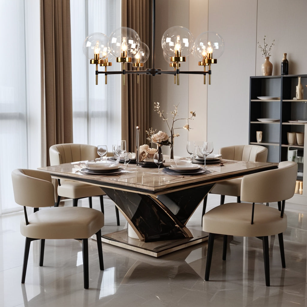 Mid-Century Modern Blown Glass Globe Chandelier - Adjustable Height with Two-Toned Metals for Dining Room, Living Room, and Sitting Room Lighting