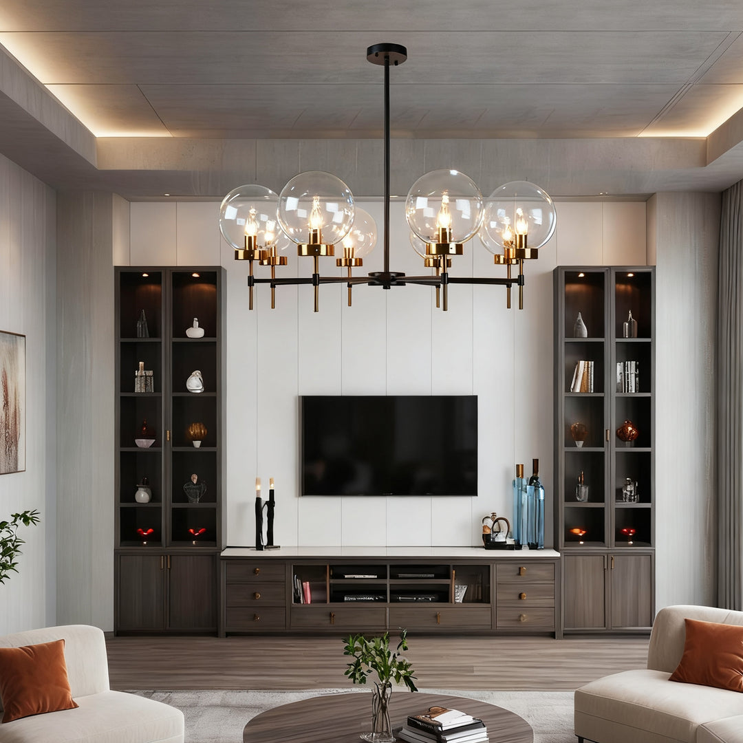 Mid-Century Modern Blown Glass Globe Chandelier - Adjustable Height with Two-Toned Metals for Dining Room, Living Room, and Sitting Room Lighting