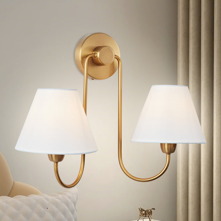 Modern Linen Shade Double Swoop Sconce - Stainless Steel and Oil Brushed Bronze with White Linen Shade - Stylish Moisture Resistant Wall Sconce for Living Room