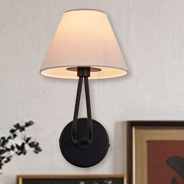 Classic Wall Lighting with Cream Linen Shade, Mid-century Modern Wall Mounted Lamp with Antique Hand-painted Metal Finish, Hardwired Light Fixture for Bedroom, Living Room, Corridor, Entryway