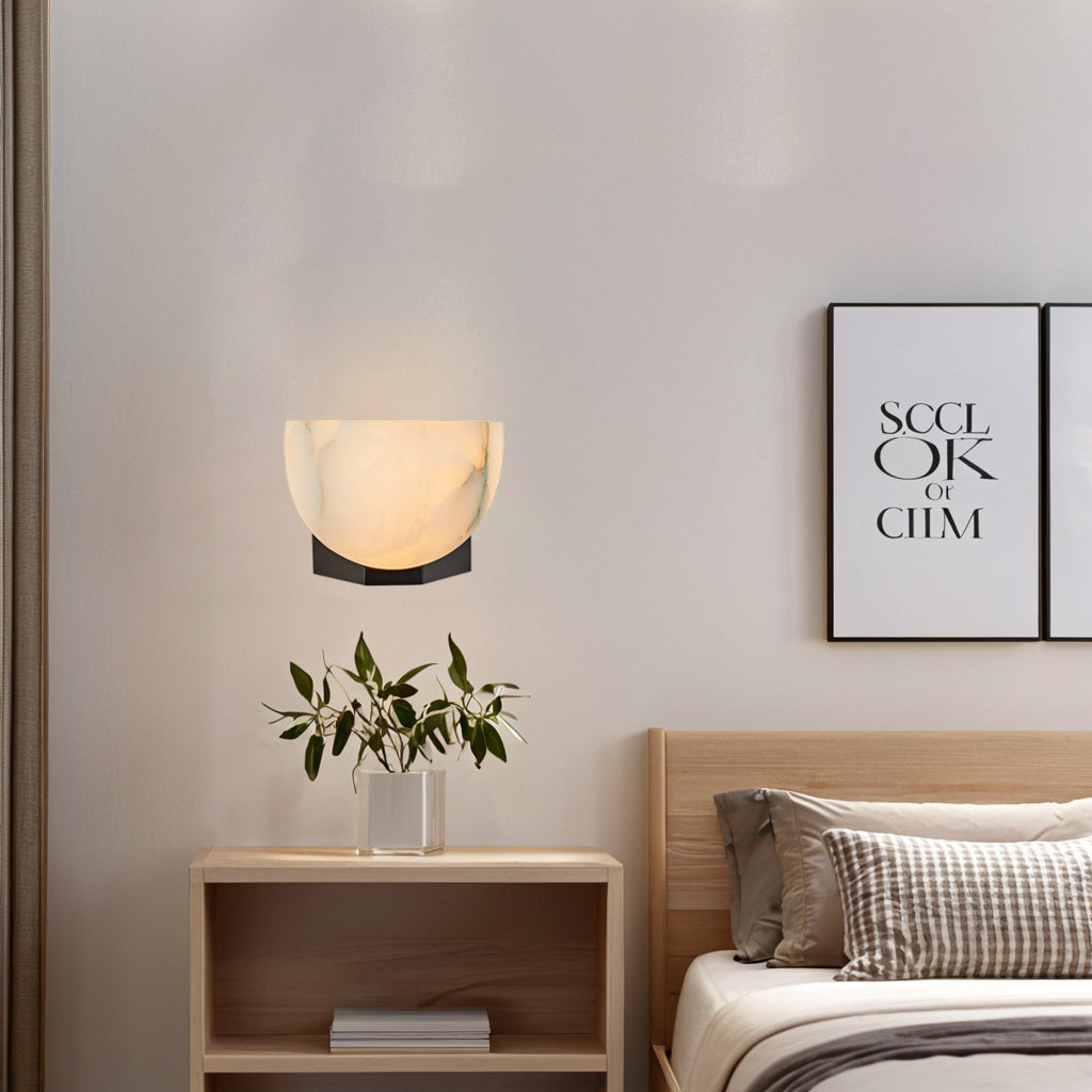 Engraved Elegance Alabaster Sconce: Handcarved Alabaster Wall Light with Globe-like Contours and Burnished Brass for Living Room, Kitchen, or Bedroom Wall Lighting