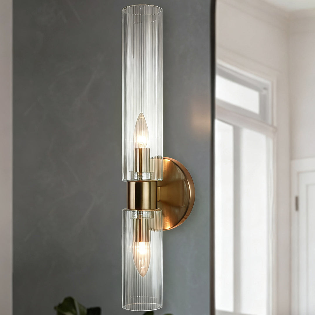 Modern 2-Light Wall Sconce with Clear Fluted Glass, Asymmetrical Double Tube Sconce Wet-rated Bathroom Light Fixture Over Mirror, Hardwired Wall Mount Lamp for Bedroom, Hallway, Living Room