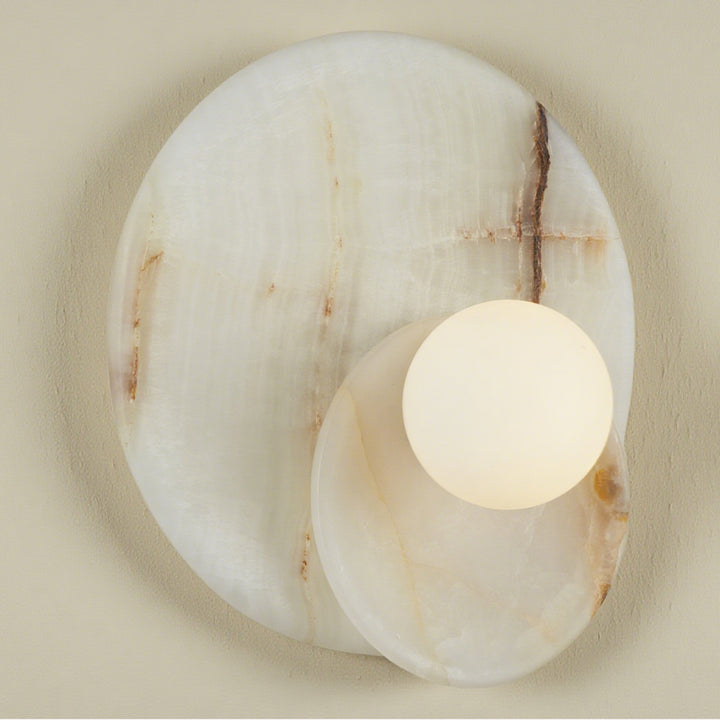 Opaline Cream Sculpture Wall Sconce: Natural Cream Onyx with Opaque White Glass Globe Bulb, Sculptural Design for Living Room, Bathroom, or Bedroom Wall Lighting