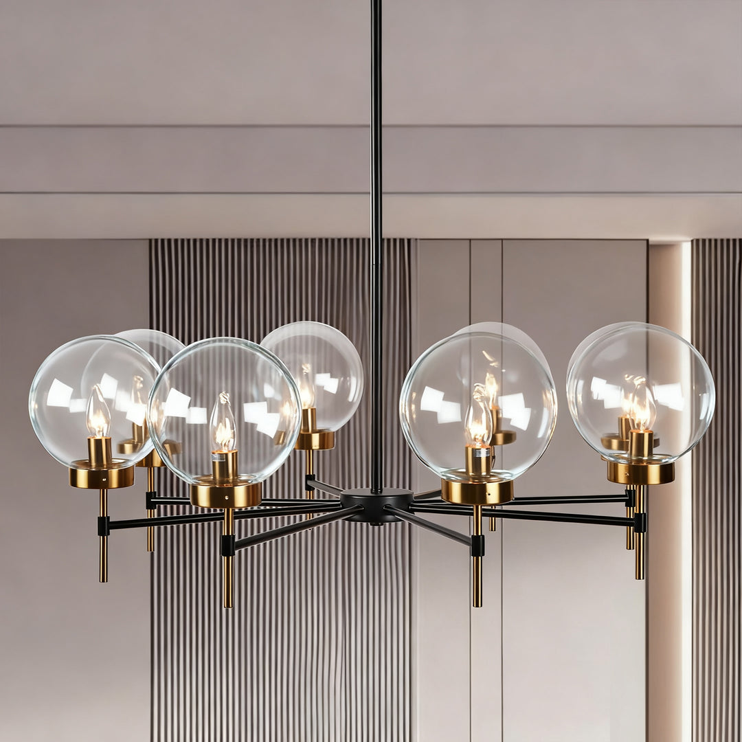 Mid-Century Modern Blown Glass Globe Chandelier - Adjustable Height with Two-Toned Metals for Dining Room, Living Room, and Sitting Room Lighting