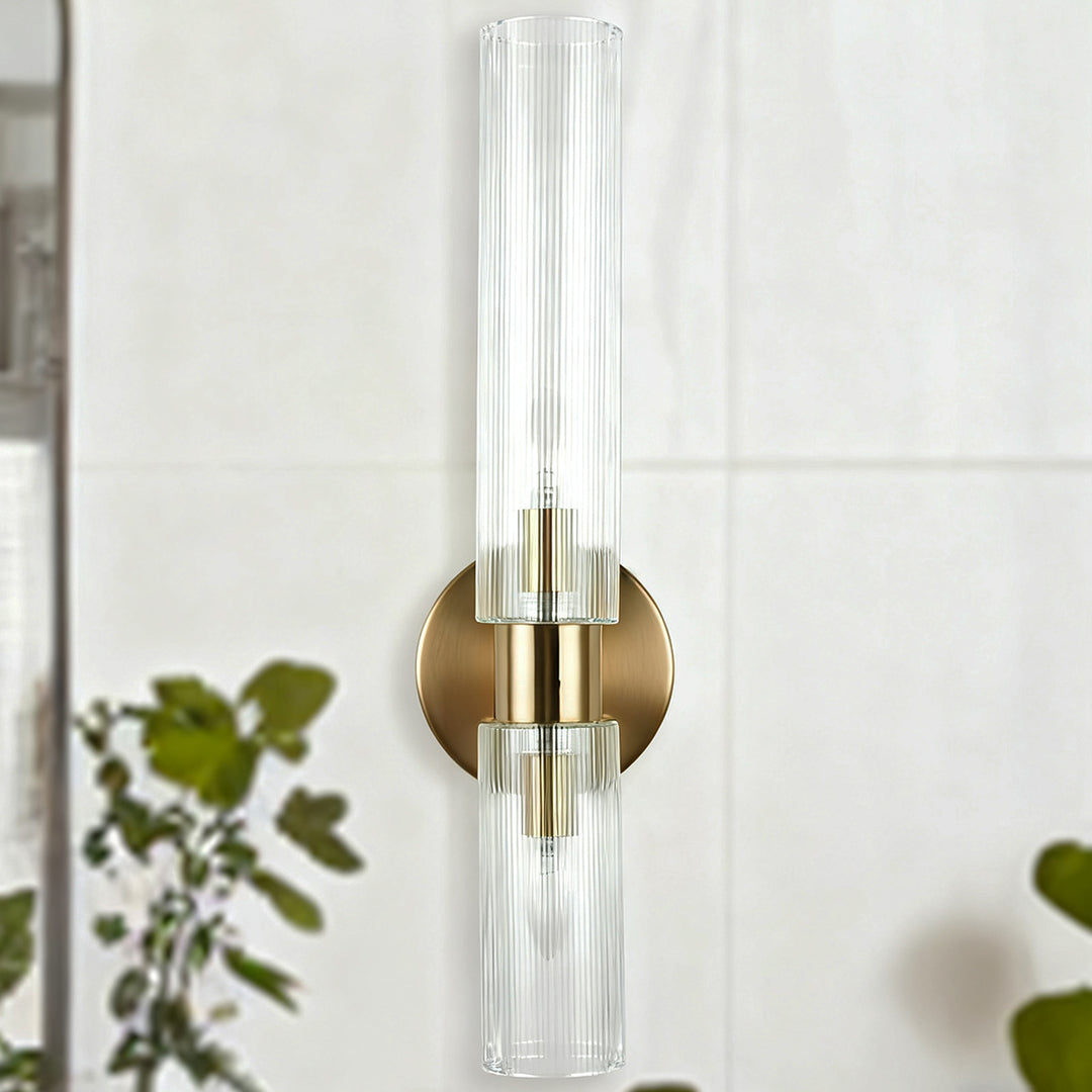 Modern 2-Light Wall Sconce with Clear Fluted Glass, Asymmetrical Double Tube Sconce Wet-rated Bathroom Light Fixture Over Mirror, Hardwired Wall Mount Lamp for Bedroom, Hallway, Living Room