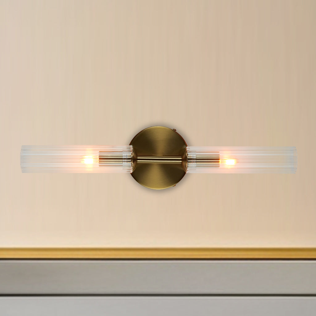 Antique Bronze Double Tube Sconce with Ribbed Glass Shades and Cylindrical Design for Durable Indoor Lighting