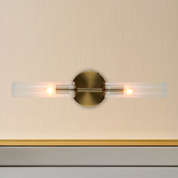 Antique Bronze Double Tube Sconce with Ribbed Glass Shades and Cylindrical Design for Durable Indoor Lighting