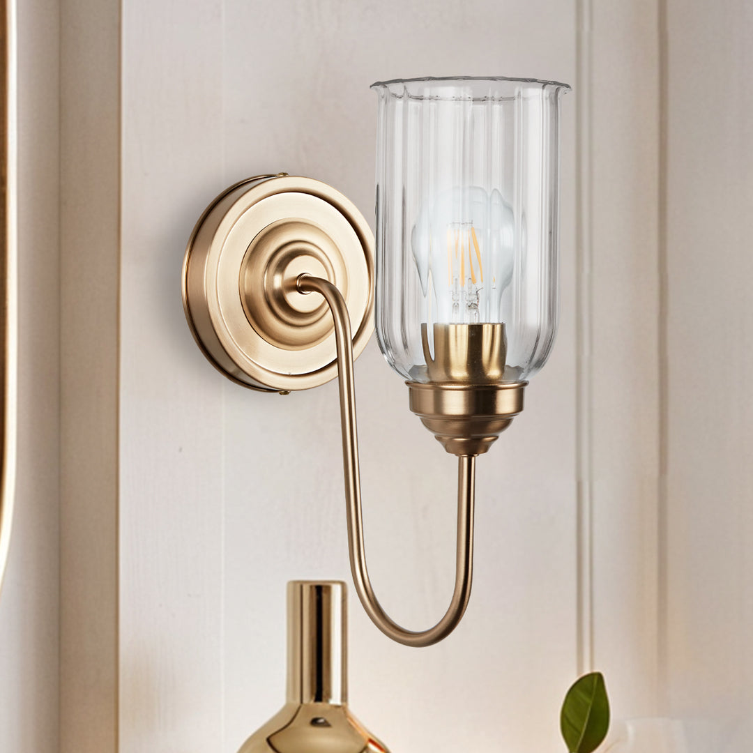 Antique Gooseneck Brass Sconce with Clear Fluted Glass, Gold Wall Mounted Lamp Beside Mirror, Wet-rated Wall Light for Bathroom, Stairs, Kitchen, Hallway, Fireplace (E26 Base)