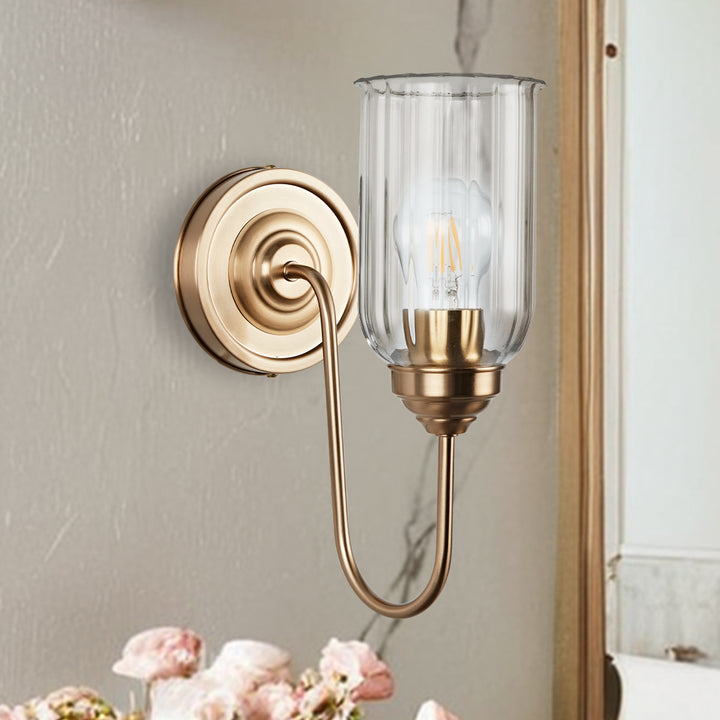 Antique Gooseneck Brass Sconce with Clear Fluted Glass, Gold Wall Mounted Lamp Beside Mirror, Wet-rated Wall Light for Bathroom, Stairs, Kitchen, Hallway, Fireplace (E26 Base)