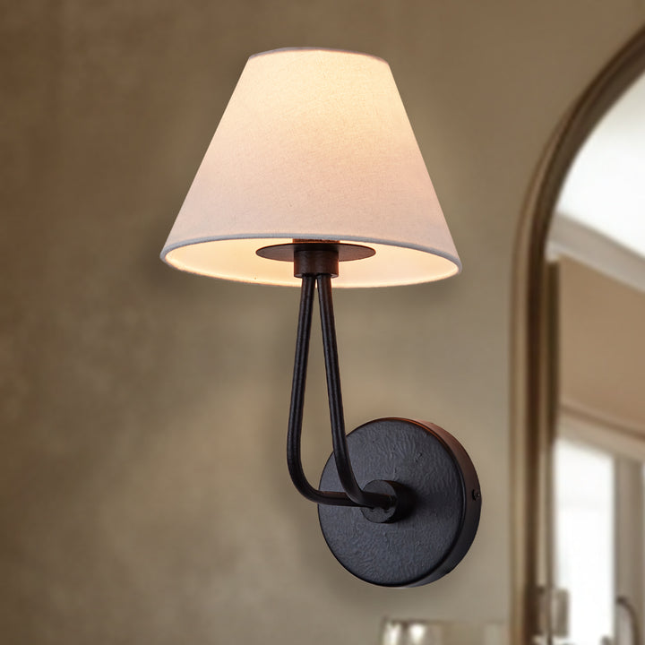 Classic Wall Lighting with Cream Linen Shade, Mid-century Modern Wall Mounted Lamp with Antique Hand-painted Metal Finish, Hardwired Light Fixture for Bedroom, Living Room, Corridor, Entryway