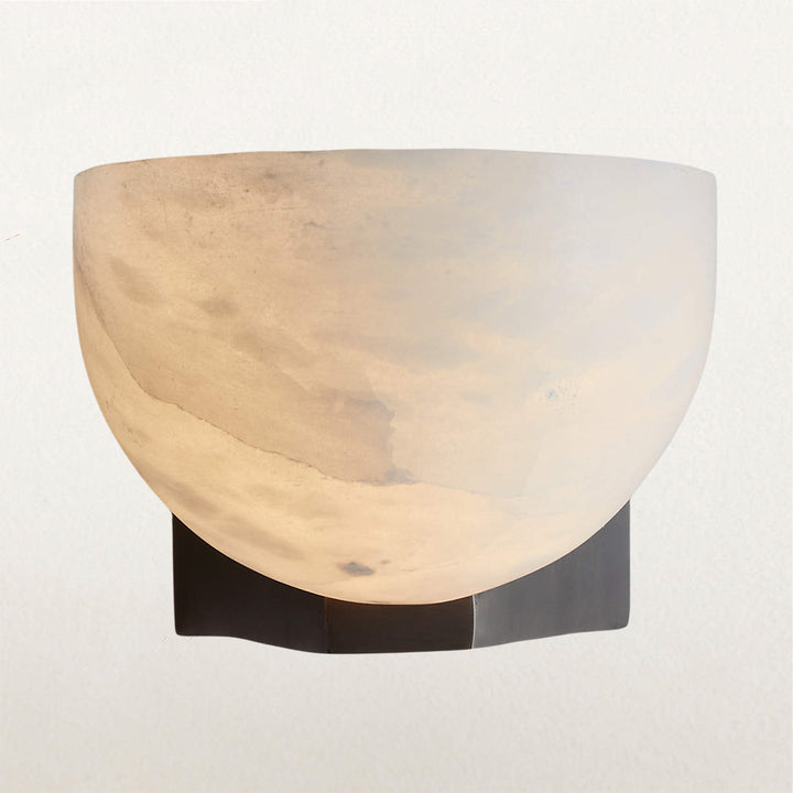 Engraved Elegance Alabaster Sconce: Handcarved Alabaster Wall Light with Globe-like Contours and Burnished Brass for Living Room, Kitchen, or Bedroom Wall Lighting