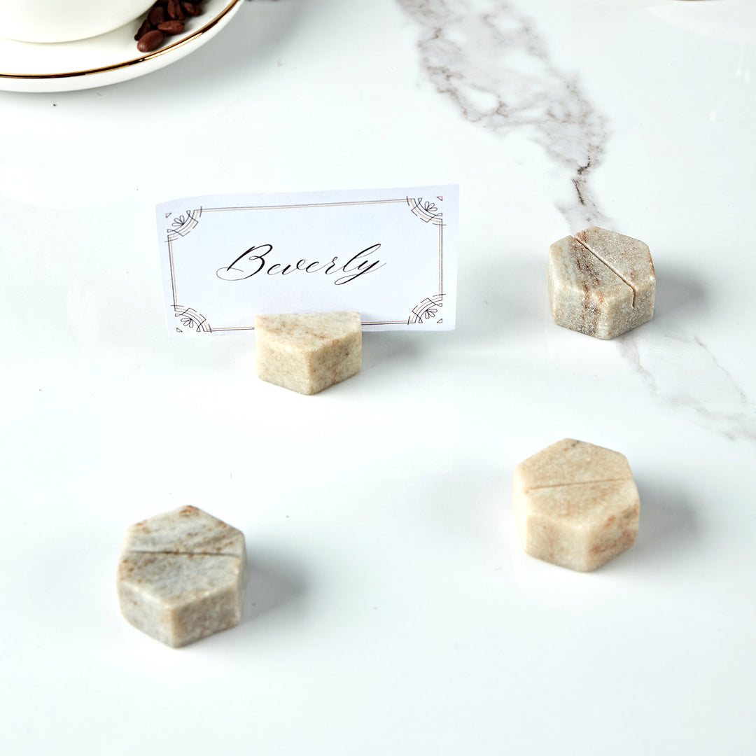 Hexagon Marble Place Card Holders (Set of 4) with Weighted Bases and Precise Slots, Elegant Place Card Holders with Handcrafted Natural Marble, Perfect for Table Decor, Dinner Party, Weddings
