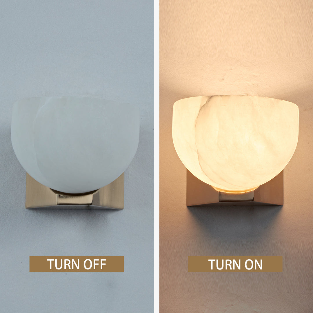 Engraved Elegance Alabaster Sconce: Handcarved Alabaster Wall Light with Globe-like Contours and Burnished Brass for Living Room, Kitchen, or Bedroom Wall Lighting