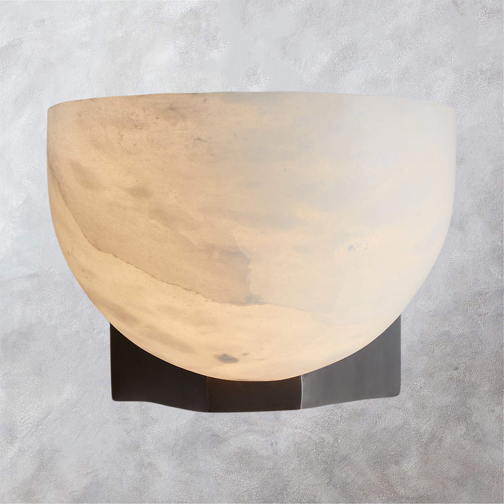 Engraved Elegance Alabaster Sconce: Handcarved Alabaster Wall Light with Globe-like Contours and Burnished Brass for Living Room, Kitchen, or Bedroom Wall Lighting