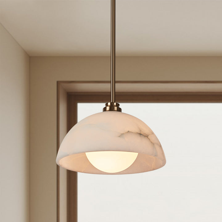 Elegant Alabaster Refinement Pendant - Natural Alabaster with Steel and Tumbled Brass - Ideal Hanging Light Fixture for Bedroom, Perfect Pendant Light for All Your Bedroom Needs
