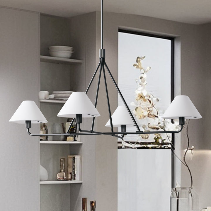 Architectural Tapered Shades Chandelier: Angular, Contract Grade Design with Sophisticated Tapered Shades for Dining Room, Living Room, and Bedroom Lighting