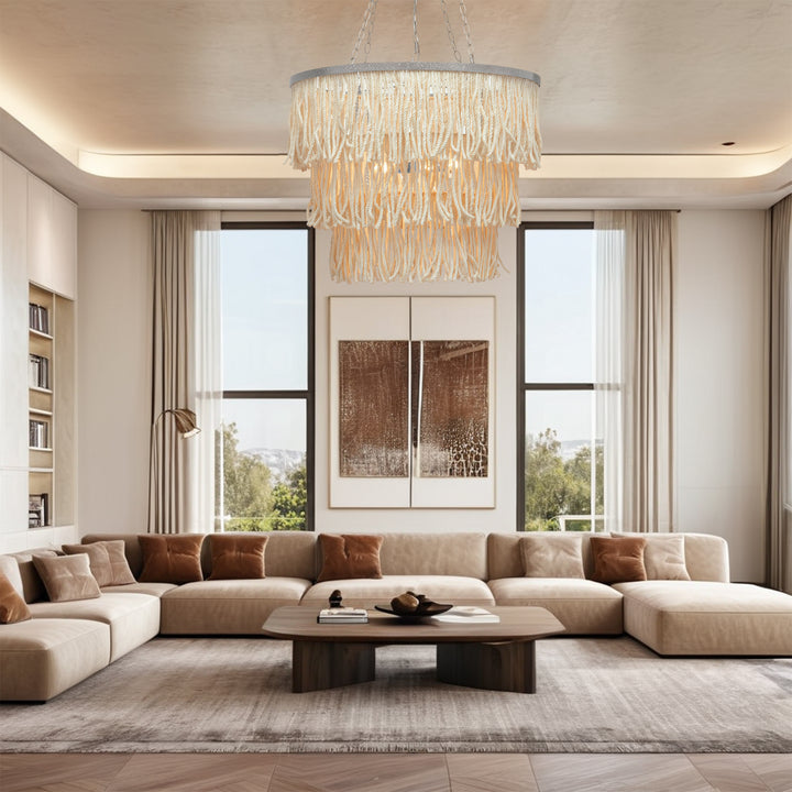 Boho 3-Tiered Fringe Chandelier, Mediterranean Tassel Pendant Light with Decorative Rope, Coastal Farmhouse Hanging Light for Living Room, Dining Room, Bedroom