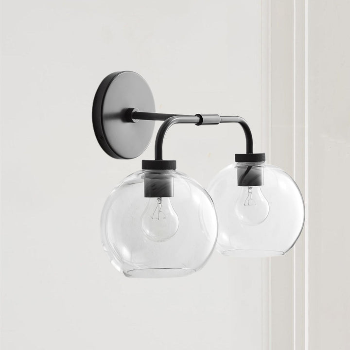 Globe Shade Matte Finish with Brass Accents Double Light Sconce - Elegant Blown Glass and Steel Frame, Bathroom Sconce