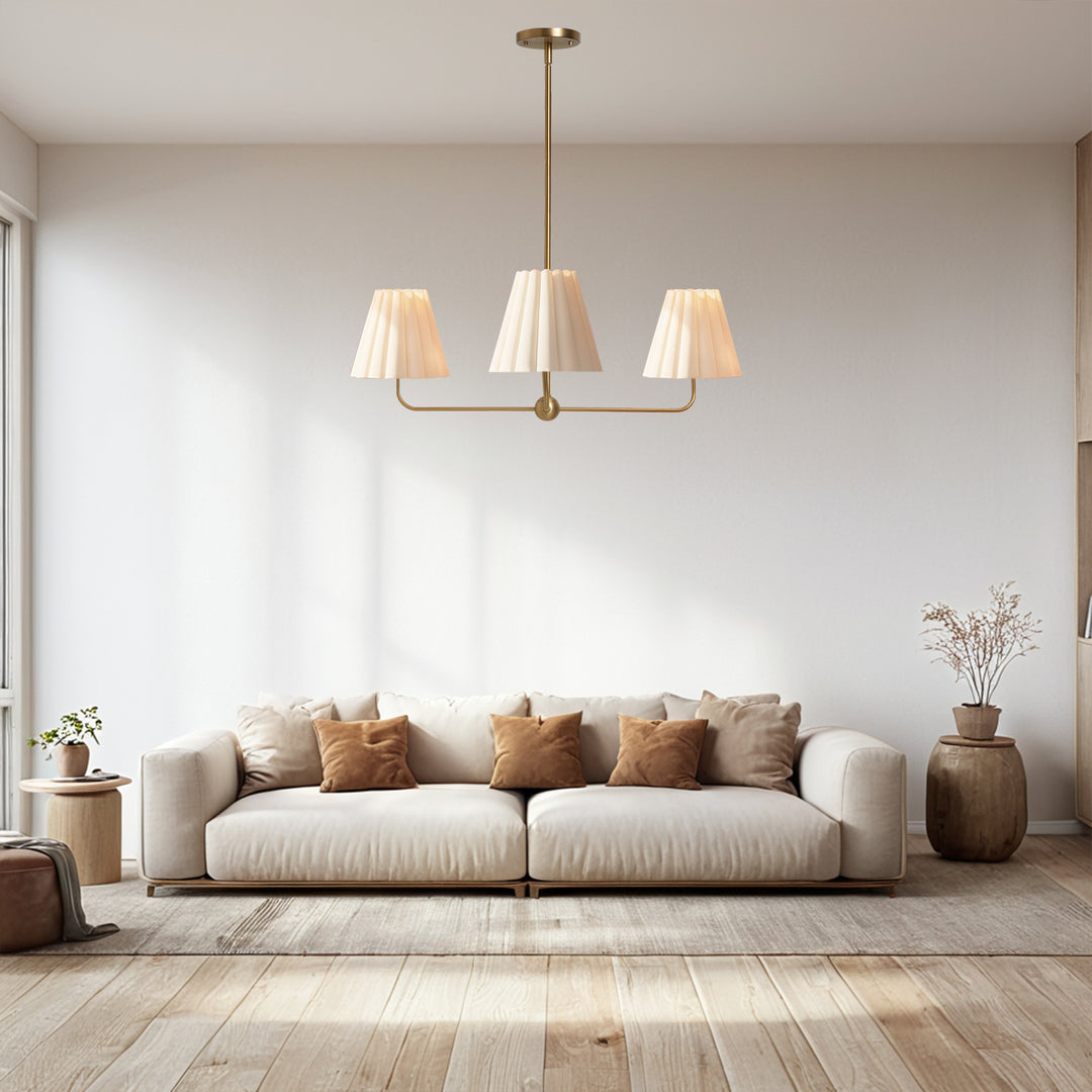 Mid-centry Modern Chandelier with Adjustable Height (18-54"), 3-Light Pendant Light over Table, Scandinavian Kitchen Island Lighting Fixture with Linen Shade for Dining Room Living Room