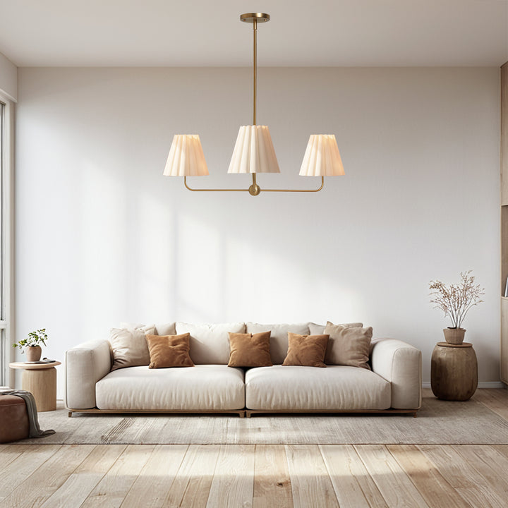 Mid-centry Modern Chandelier with Adjustable Height (18-54"), 3-Light Pendant Light over Table, Scandinavian Kitchen Island Lighting Fixture with Linen Shade for Dining Room Living Room