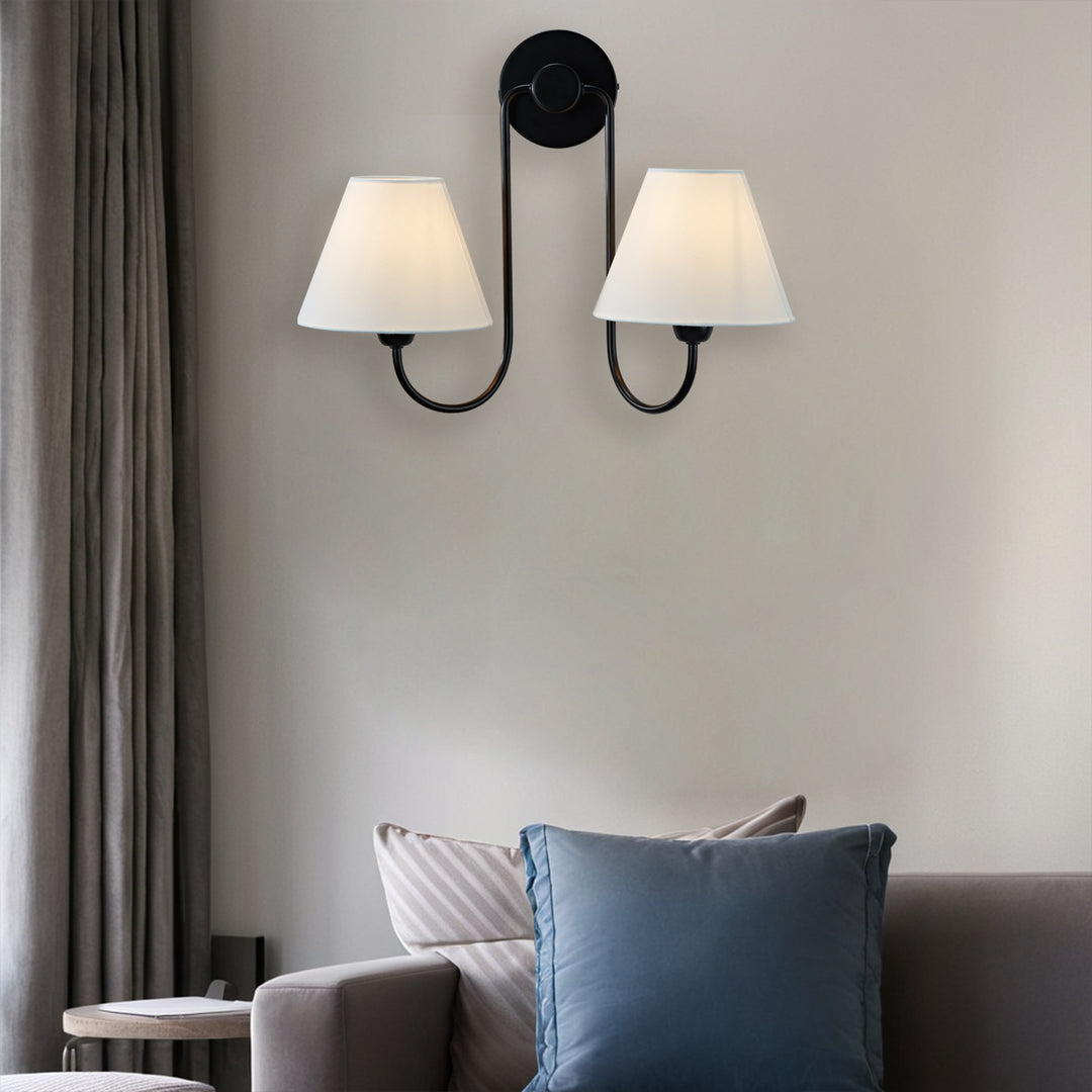 Modern Linen Shade Double Swoop Sconce - Stainless Steel and Oil Brushed Bronze with White Linen Shade - Stylish Moisture Resistant Wall Sconce for Living Room